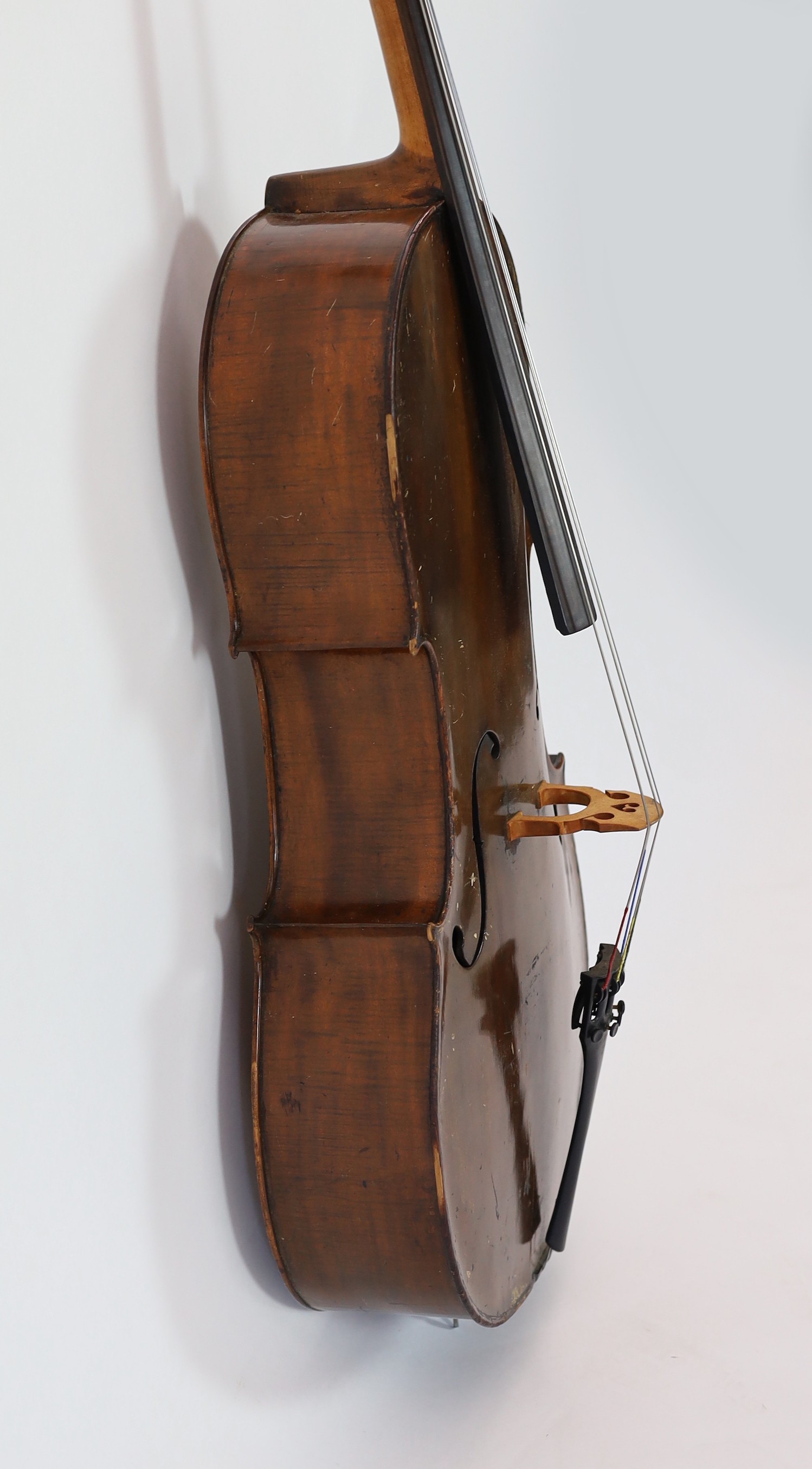 A 19th century Saxon cello, length of back 72.5 cm, soft case